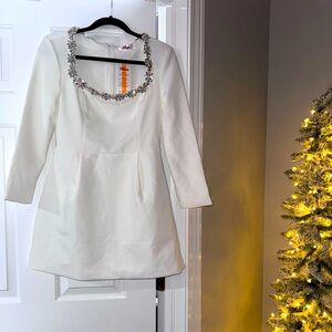 White embellished long sleeve square neckline dress